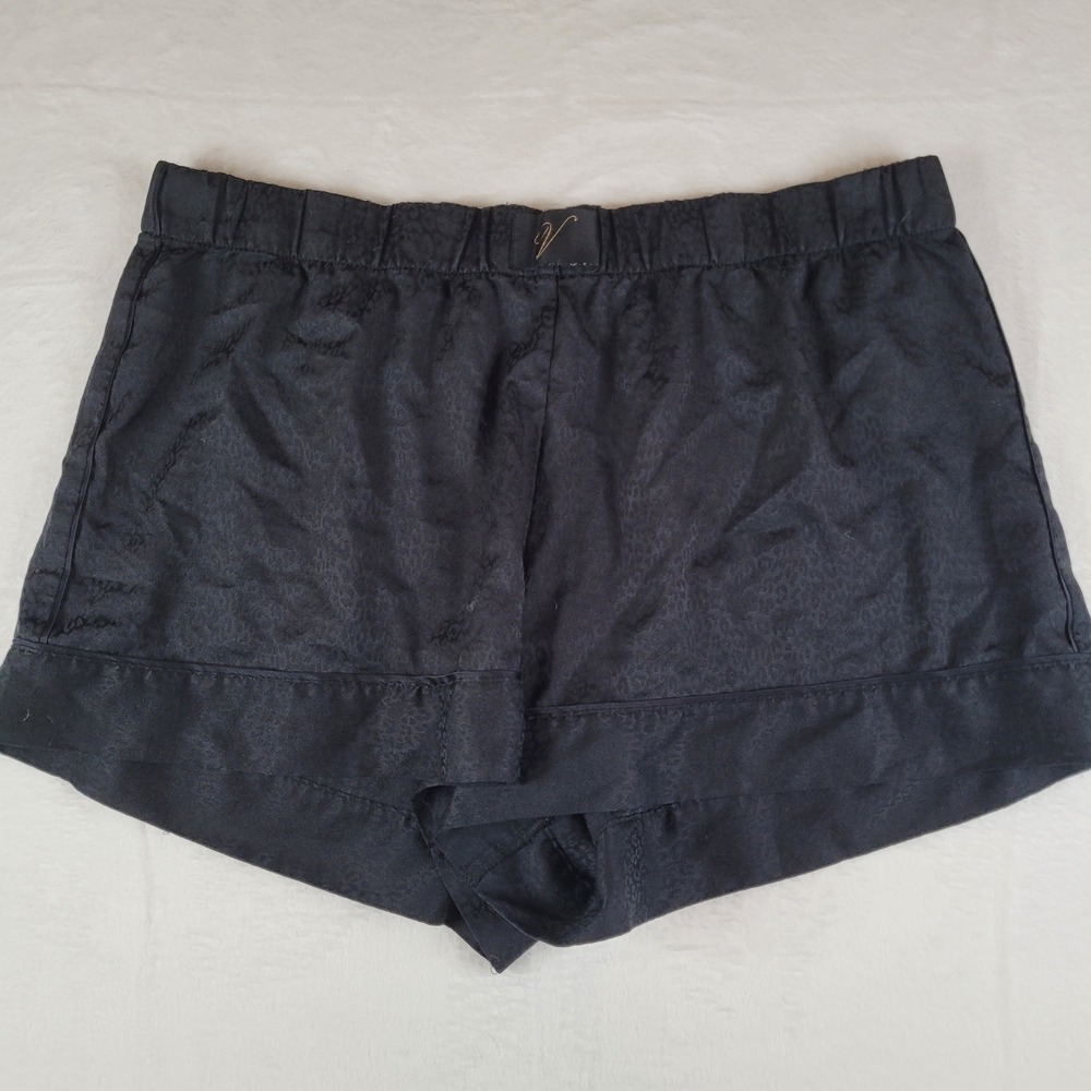 Victoria's Secret Black Satin Leopard Print Pajama Shorts Gold V Logo Large